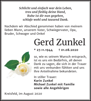 Traueranzeige von Gerd Zunkel von Super Sonntag Mansfelder Land