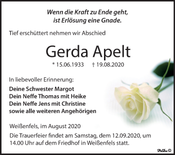 Traueranzeige von Gerda Apelt von Mitteldeutsche Zeitung Weißenfels