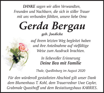 Traueranzeige von Gerda Bergan von Mitteldeutsche Zeitung Quedlinburg