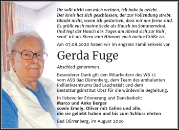 Traueranzeige von Gerda Fuge von Mitteldeutsche Zeitung Merseburg/Querfurt