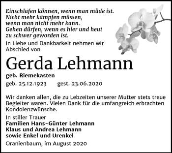 Traueranzeige von Gerda Lehmann von Super Sonntag Wittenberg