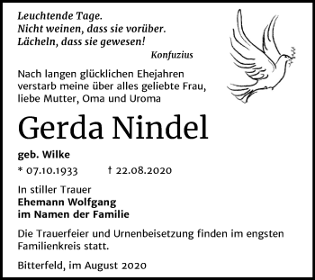 Traueranzeige von Gerda Nindel von Mitteldeutsche Zeitung Bitterfeld