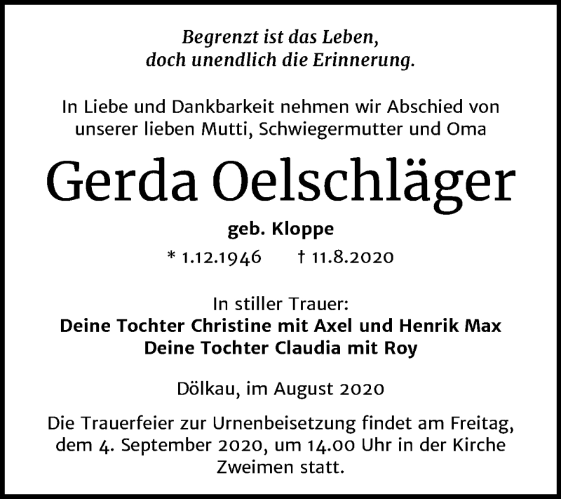  Traueranzeige für Gerda Oelschläger vom 29.08.2020 aus Super Sonntag Merseburg/Querfurt