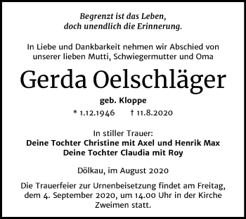 Traueranzeige von Gerda Oelschläger von Super Sonntag Merseburg/Querfurt