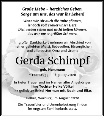 Traueranzeige von Gerda Schimpf von Super Sonntag Mansfelder Land