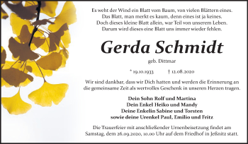 Traueranzeige von Gerda Schmidt von Mitteldeutsche Zeitung Bitterfeld
