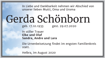 Traueranzeige von Gerda Schönborn von Mitteldeutsche Zeitung Mansfelder Land