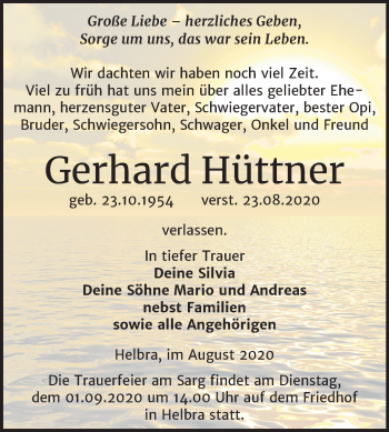 Traueranzeige von Gerhard Hüttner von Mitteldeutsche Zeitung Mansfelder Land