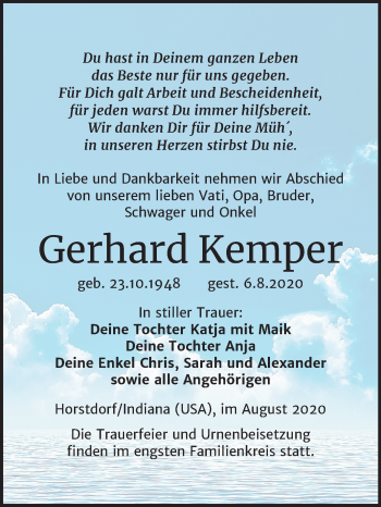 Traueranzeige von Gerhard Kemper von Mitteldeutsche Zeitung Wittenberg