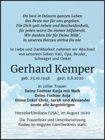 Traueranzeige von Gerhard Kemper von Super Sonntag Wittenberg