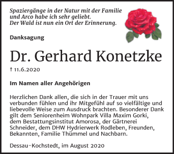 Traueranzeige von Gerhard Konetzke von Mitteldeutsche Zeitung Dessau-Roßlau