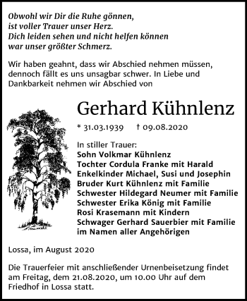 Traueranzeige von Gerhard Kühnlenz von Mitteldeutsche Zeitung Naumburg/Nebra