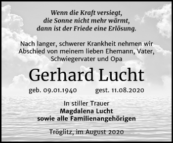 Traueranzeige von Gerhard Lucht von Super Sonntag Zeitz
