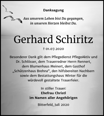 Traueranzeige von Gerhard Schiritz von Wochenspiegel Bitterfeld
