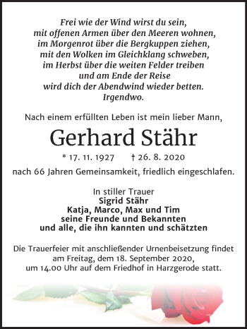 Traueranzeige von Gerhard Stähr von Mitteldeutsche Zeitung Quedlinburg