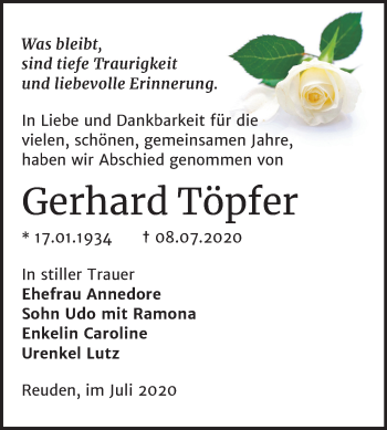 Traueranzeige von Gerhard Töpfer von Mitteldeutsche Zeitung Wittenberg