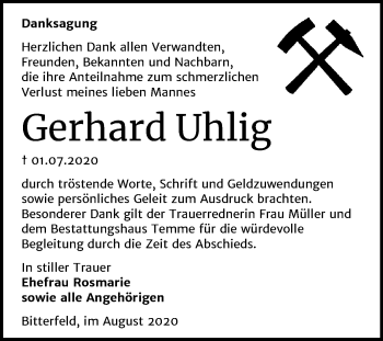 Traueranzeige von Gerhard Uhlig von Wochenspiegel Bitterfeld
