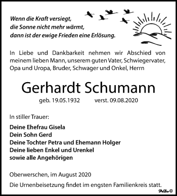 Traueranzeige von Gerhardt Schumann von Wochenspiegel Weißenfels