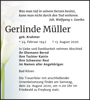 Traueranzeige von Gerlinde Müller von Wochenspiegel Naumburg/Nebra