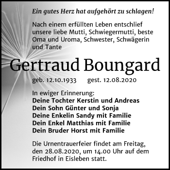 Traueranzeige von Gertraud Boungard von Super Sonntag Mansfelder Land
