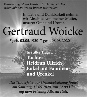 Traueranzeige von Gertraud Woicke von Wochenspiegel Sangerhausen
