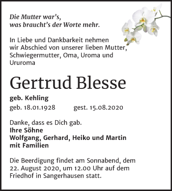 Traueranzeige von Gertrud Blesse von Mitteldeutsche Zeitung Sangerhausen