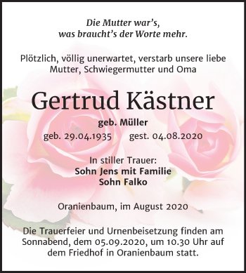 Traueranzeige von Gertrud Kästner von Mitteldeutsche Zeitung Wittenberg