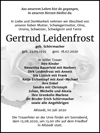 Traueranzeige von Gertrud Leidenfrost von Mitteldeutsche Zeitung Sangerhausen
