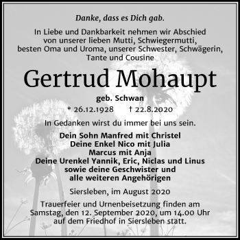 Traueranzeige von Gertrud Mohaupt von Mitteldeutsche Zeitung Mansfelder Land