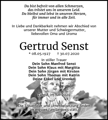 Traueranzeige von Gertrud Senst von Mitteldeutsche Zeitung Wittenberg