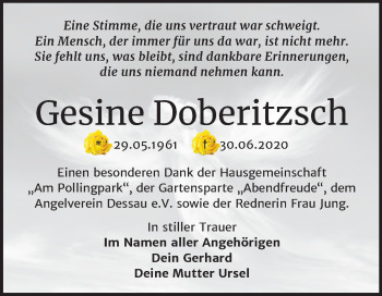Traueranzeige von Gesine Doberitzsch von Super Sonntag Dessau-Roßlau