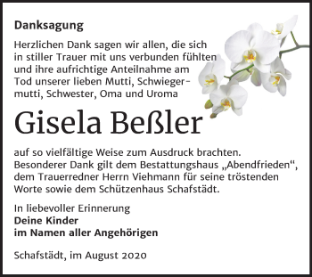 Traueranzeige von Gisela Beßler von Mitteldeutsche Zeitung Merseburg/Querfurt