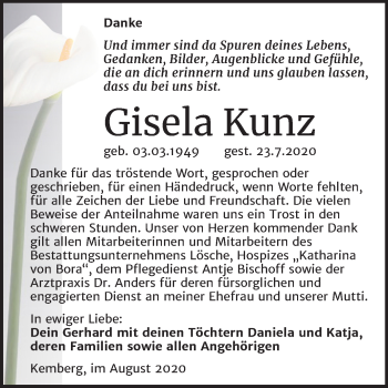 Traueranzeige von Gisela Kunz von Super Sonntag Wittenberg