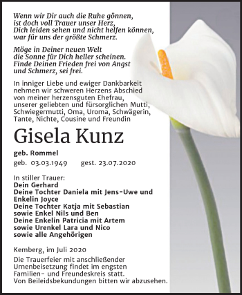 Traueranzeige von Gisela Kunz von Mitteldeutsche Zeitung Wittenberg