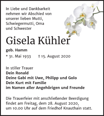 Traueranzeige von Gisela Kühler von Mitteldeutsche Zeitung Weißenfels