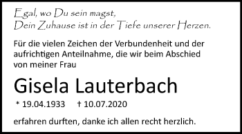 Traueranzeige von Gisela Lauterbach von Mitteldeutsche Zeitung Mansfelder Land