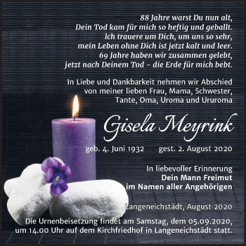 Traueranzeige von Gisela Meyrink von Super Sonntag Naumburg/Nebra