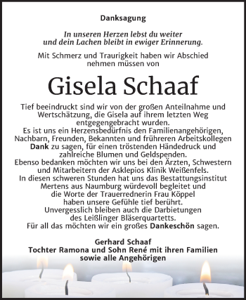 Traueranzeige von Gisela Schaaf von Mitteldeutsche Zeitung Weißenfels