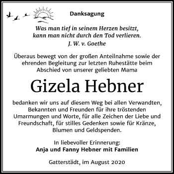 Traueranzeige von Gizela Hebner von Wochenspiegel Merseburg/Querfurt