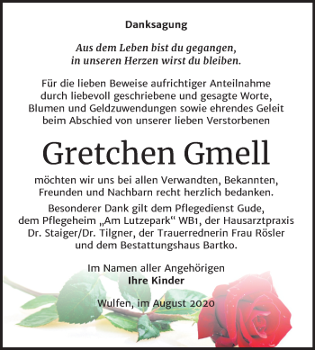 Traueranzeige von Gretchen Gmell von Mitteldeutsche Zeitung Köthen