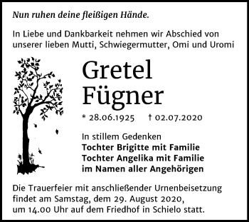 Traueranzeige von Gretel Fügner von Super Sonntag Quedlinburg