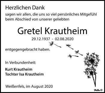Traueranzeige von Gretel Krautheim von Mitteldeutsche Zeitung Weißenfels
