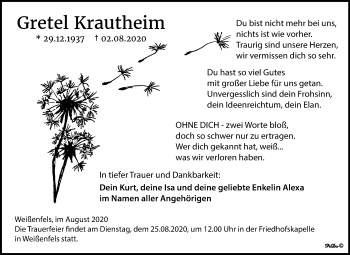 Traueranzeige von Gretel Krautheim von Wochenspiegel Weißenfels