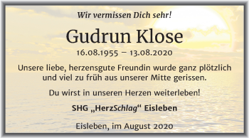 Traueranzeige von Gudrun Klose von Super Sonntag Mansfelder Land