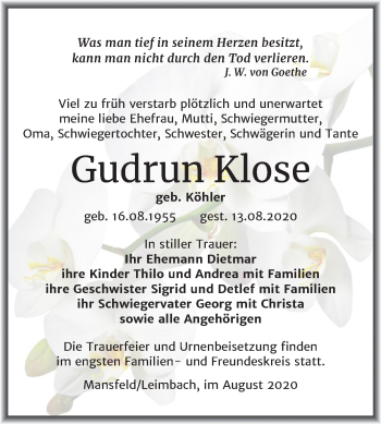 Traueranzeige von Gudrun Klose von Super Sonntag Mansfelder Land