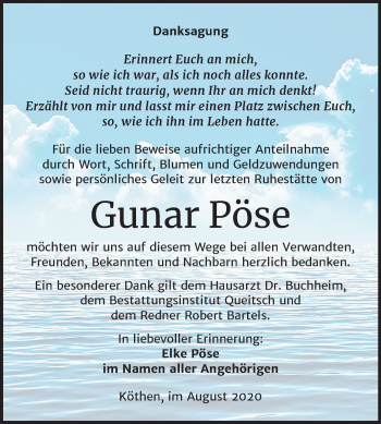 Traueranzeige von Gunar Pöse von Mitteldeutsche Zeitung Köthen