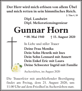 Traueranzeige von Gunnar Horn von Mitteldeutsche Zeitung Aschersleben