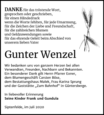 Traueranzeige von Gunter Wenzel von Mitteldeutsche Zeitung Quedlinburg