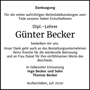Traueranzeige von Günter Becker von Mitteldeutsche Zeitung Aschersleben