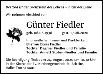 Traueranzeige von Günter Fiedler von Mitteldeutsche Zeitung Halle/Saalkreis